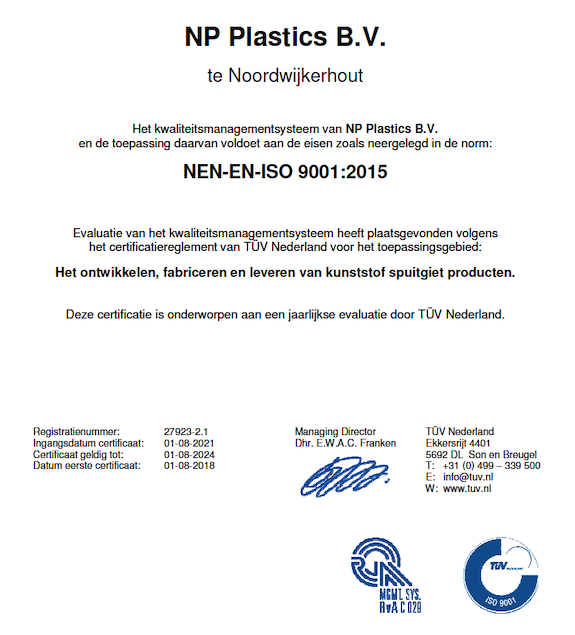 NP Plastics ISO Certificaat 2021